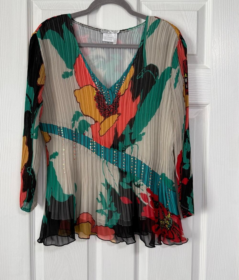 Alberto Makali Women's Floral Sequin Crinkle V-Neck Top Size Large